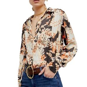 Free People Floral Blouse in Orange and Cream